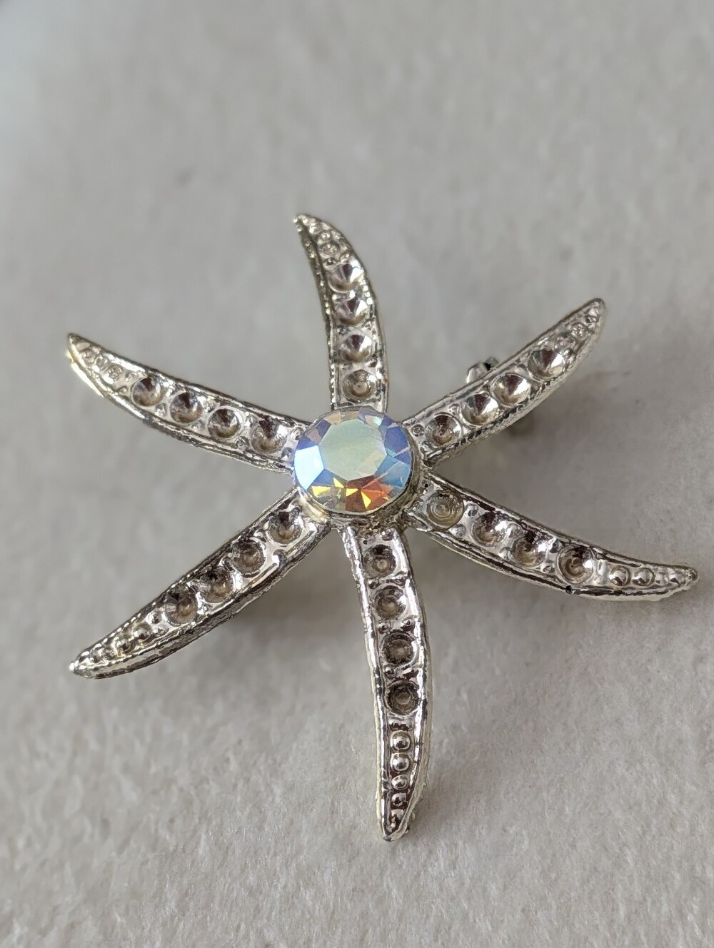Vintage Mid-Century Silver Tone Starfish Brooch Pin with Aurora Borealis